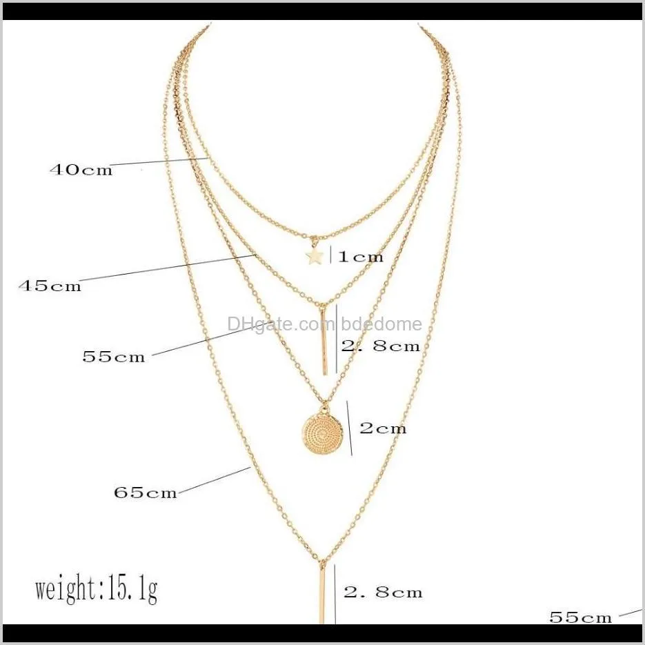 fashion necklace star bar disc pendant four layer necklace gold color plated metal chain woman necklace