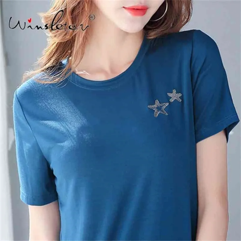 Modal Cotton Summer Basic T-shirt Effen O-hals Star Borduurwerk Korte Mouw Casual Tops voor Dames Minimalistische T0131B 210421