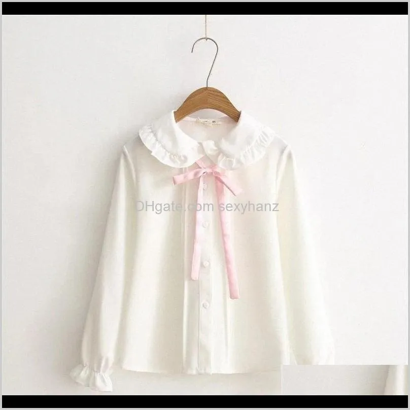 Koszule Kobiet Odzież Odzież Drop Dostawa 2021 Kobiet Bluzki Dziewczyny Jesień Z Długim Rękawem Peter Pan Collar Pink Bowknot Biała Bluzka Koszula J