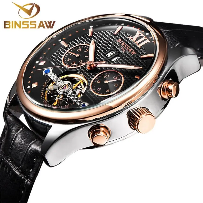 Zegarki na rękę BINSSAW Mężczyźni Automatyczny zegarek mechaniczny to targbillon Dial Black Leather Fashion Sports Zegarki Relogio Masculino Relijes