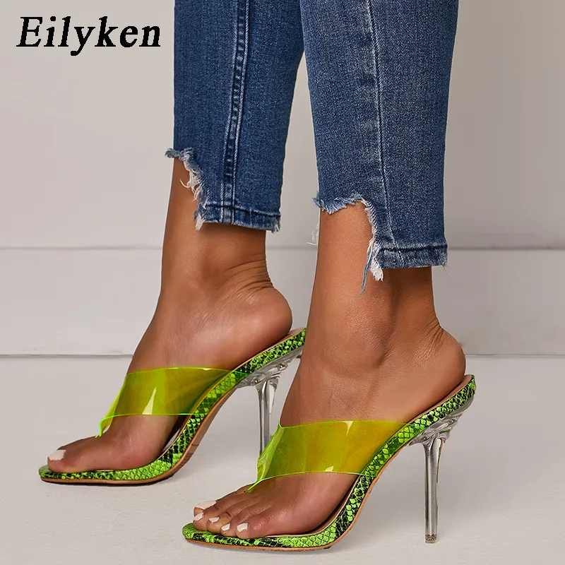Eilyken الصيف الأزياء مثير واضح عالية الكعب pvc شفاف السيدات النعال الأخضر الأخضر خارج الوجه يتخبط النساء أحذية الحجم 35-42 lsadhgoiahetgio