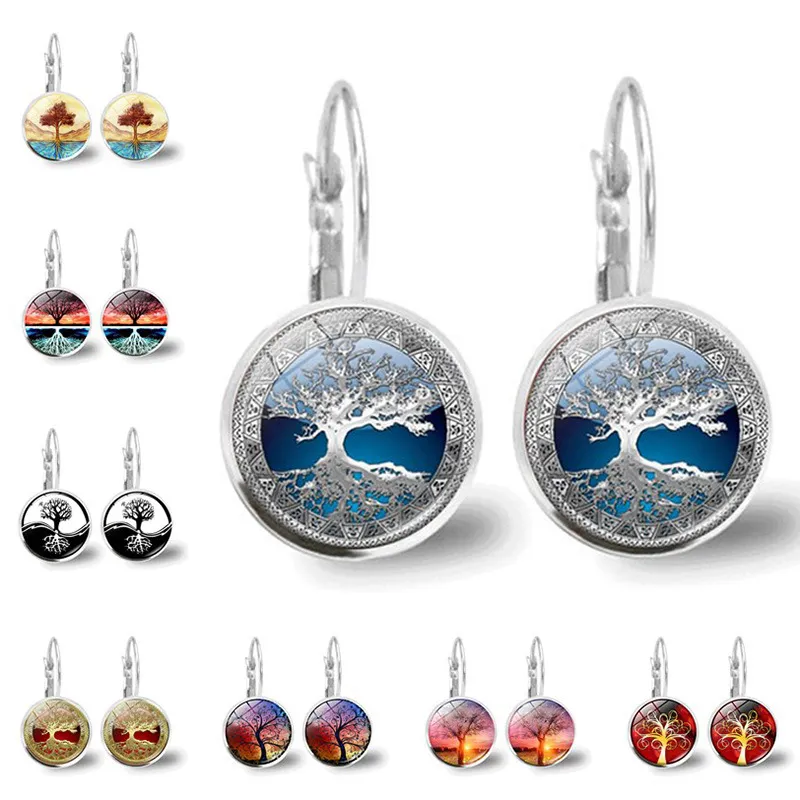 Baum des Lebens Silber Farbe Ohrringe Mode Frankreich Cabochon Glas Ohrringe Für Frauen Earhaok Ohrringe Leben Baum Glas Cabochon Schmuck