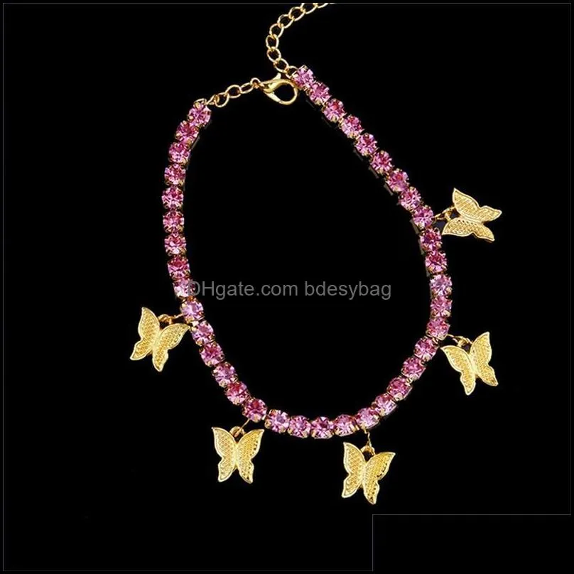 Iced Out Butterfly Tennis Anklet For Women Rhinestone Crystal Butterfly Beach Sandals Foot Chain Bracelet Jewelry