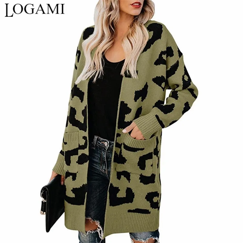 Logami سترة طويلة المرأة ليوبارد محبوك عارضة البلوزات الخريف الشتاء جيب معطف الإناث سترة 210805