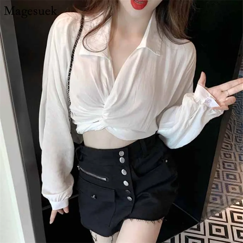 Fashion Cross Sexy Top Women For Summer Short Casual Shirts Cotton Long Sleeve White Blouse Blusas 12048 210512