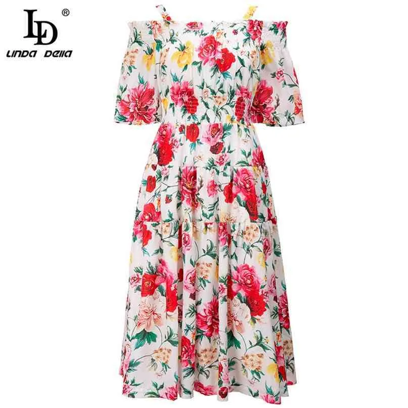 Mode Runway Sommarlov Klänning Kvinnor Vintage Multicolor Floral Print Kortärmad Sexig Av Skulder Klänningar 210522