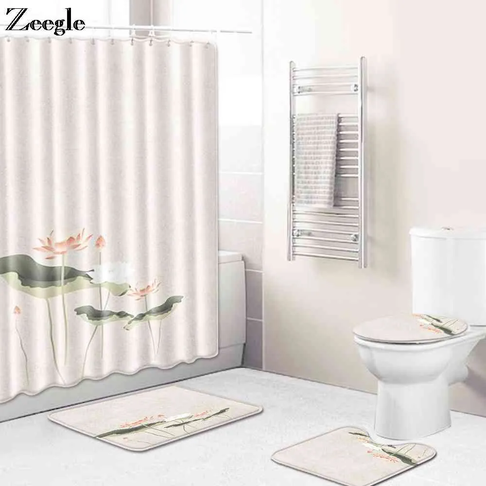 Zeegle Toilet Mat Set Waterproof Shower Curtain Flannel Soft Toilet Pedestal Rug Absorbent Foot Mat Anti Slip Toilet Seat Cover