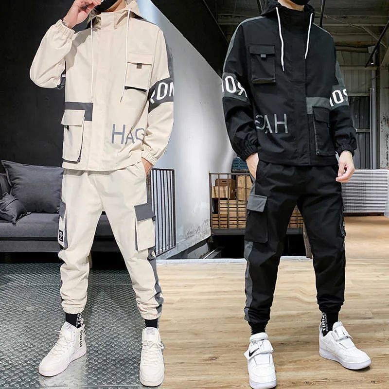 Hip-hop pak mannelijke set track past sweatsuit man trainingspak heren set broek rits zakken uitloper 2pc jas + broek sets 2021 NIEUWE Y0831