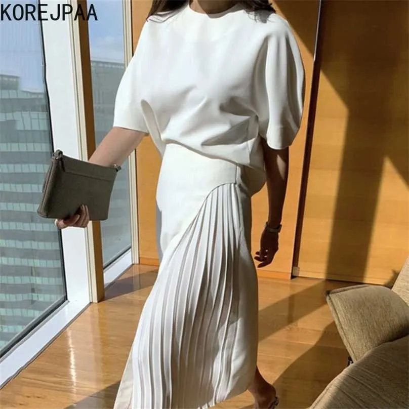 Korejpaa Dames Sets Zomer Koreaanse Chique Dames Elegante Ronde hals Vijfpunt Bladerdeeg Sleeve Shirt Hoge Taille Zij geplooide rok 211106