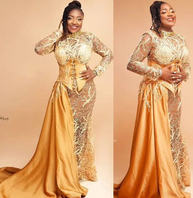2021 Plus Size Arabic Aso Ebi Gold Lace Mermaid Prom Dresses Sexy Long
