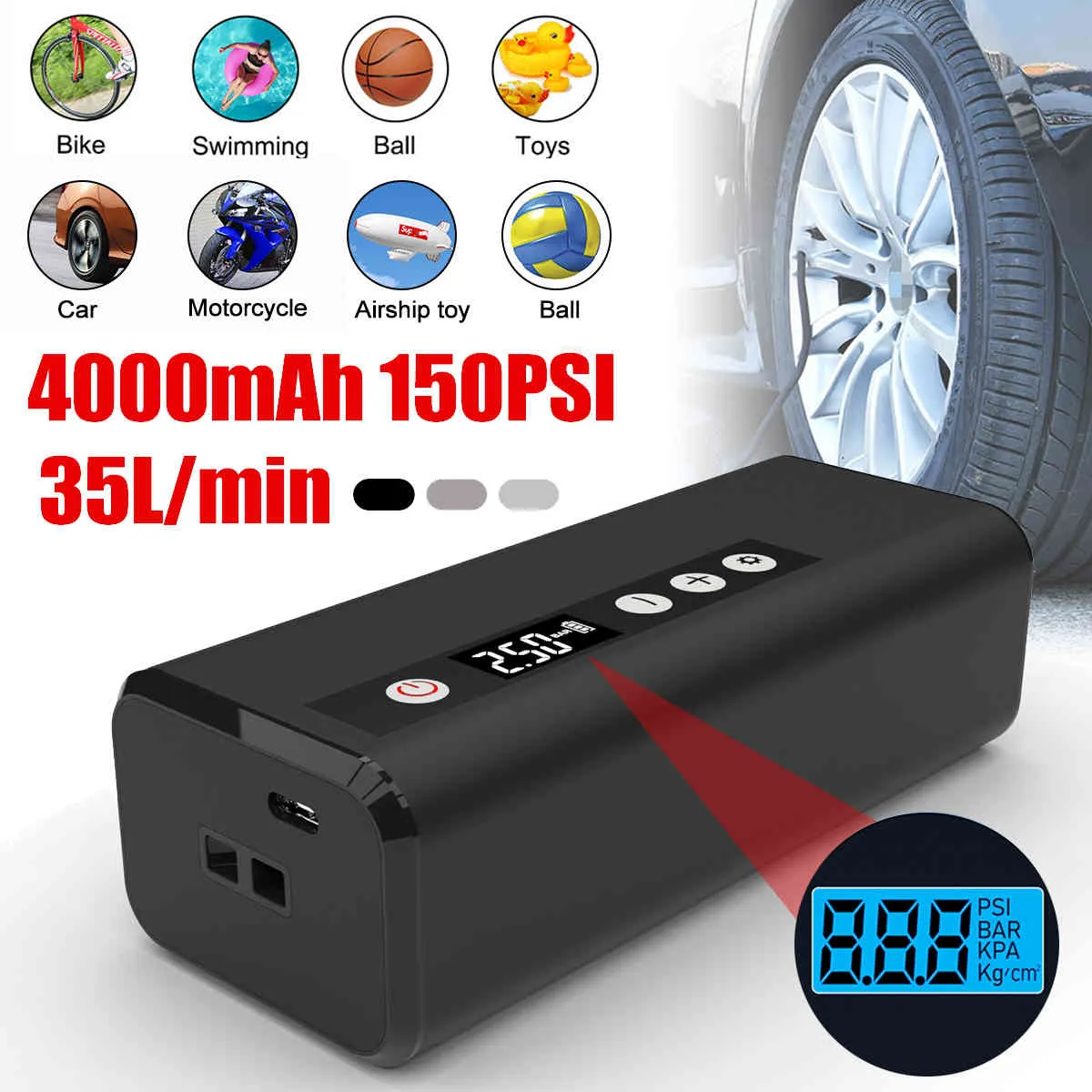 4000mAh 150PSI 35L/min Rechargeable Compressor Electric Tyre Tire Inflator Mini Auto Air Inflatable Pump Car Bicycle Boat