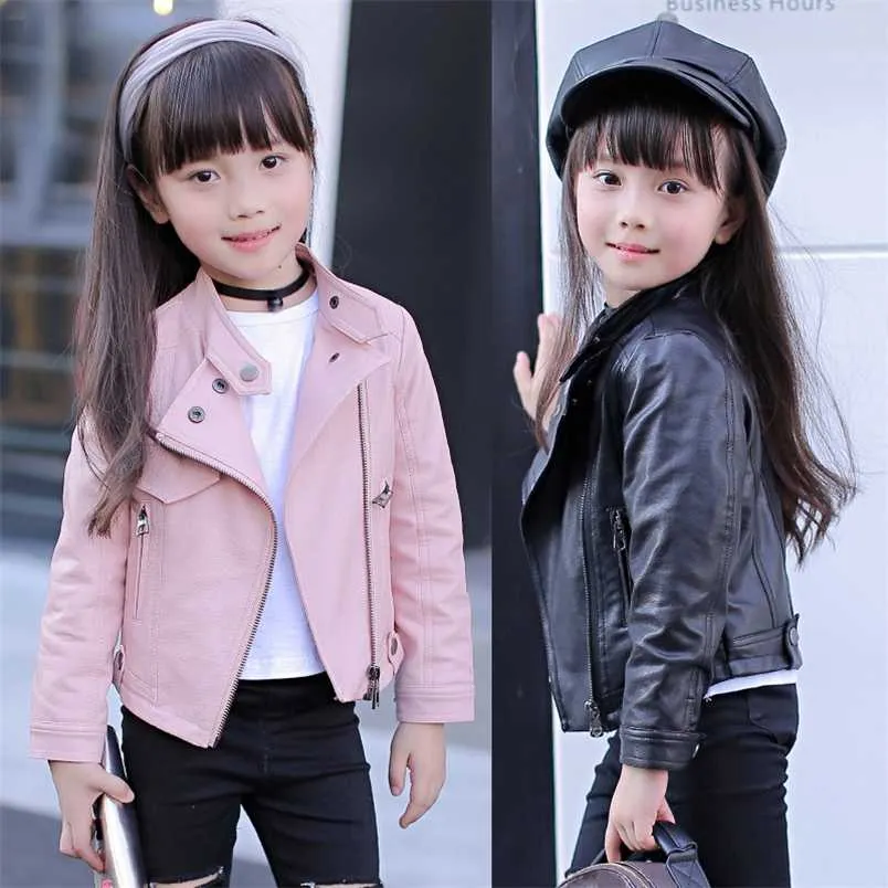 Girls Pu Zipper Jackets Cool Jacket For Girl 3-12 Years Kids Classic Collar Coats Teen Windbreaker Clothing Children's Outerwear 211011