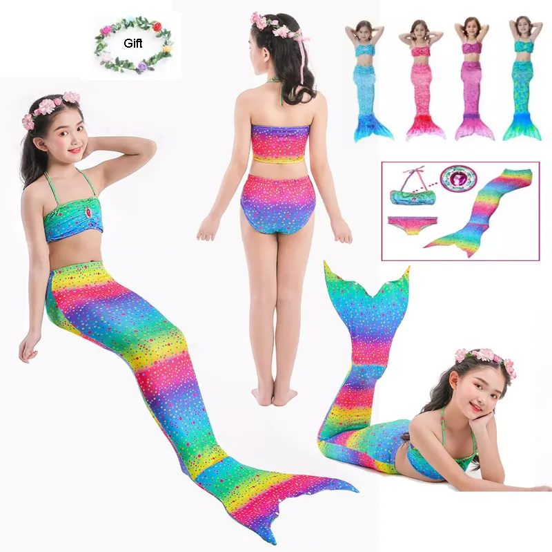 Children's Swimwear Little Girls 3 Pcs Mermaid Tail Swimsuit Kids pool beach bathing suits Bikini Set 3-12 Years sea-mermaid princess swimming Costume