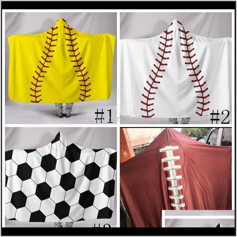 Textilier hem trädgård droppe leverans 200 * 150cm baseball fotboll sherpa softball filt sport tema hooded cape fotboll badhandduk swaddi