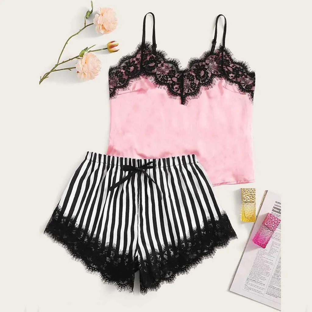 Sexy Lingerie Pajamas For Women Home Clothes Nightie V-neck Lace Satin Striped Camisole Sleepwear Bowknot Shorts Set #YJ Q0706