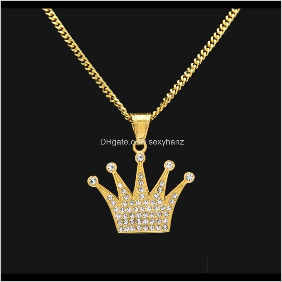 stainless steel crown pendant gold men women titanium iced out bling rhinestone crystal hip hop necklace chain punk jewelry