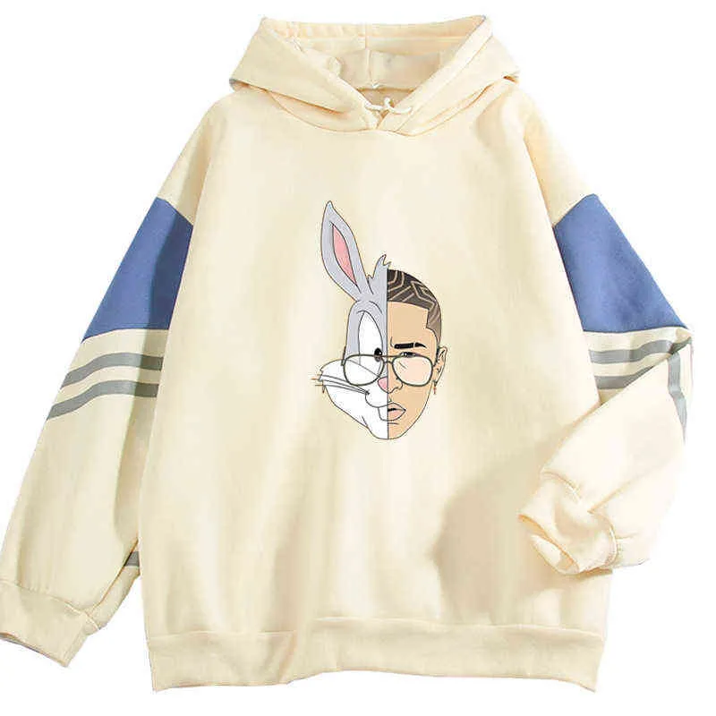 2021 Yeni Kötü Bunny Hoodies Tişörtü Erkekler / Kadınlar Popüler Sticker Streetwear Moda Rahat Gevşek Kazaklar Hip Hop Hoodie H1218