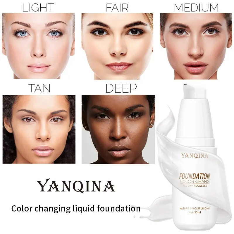 Yanqina 30ml Color Change Liquid Foundation Crema per il controllo del concorso Oil-Control Crema idratante Fondazioni di trucco di lunga durata