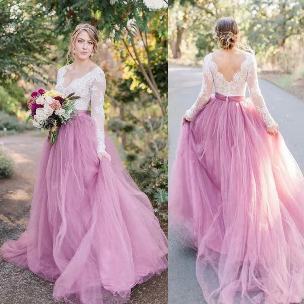 2022 V Neck Lace Wedding Dresses Pink Skirt Long Sleeves Bridal Gowns A Line Vestido De Noiva Country Boho Spring Summer Bride Dress