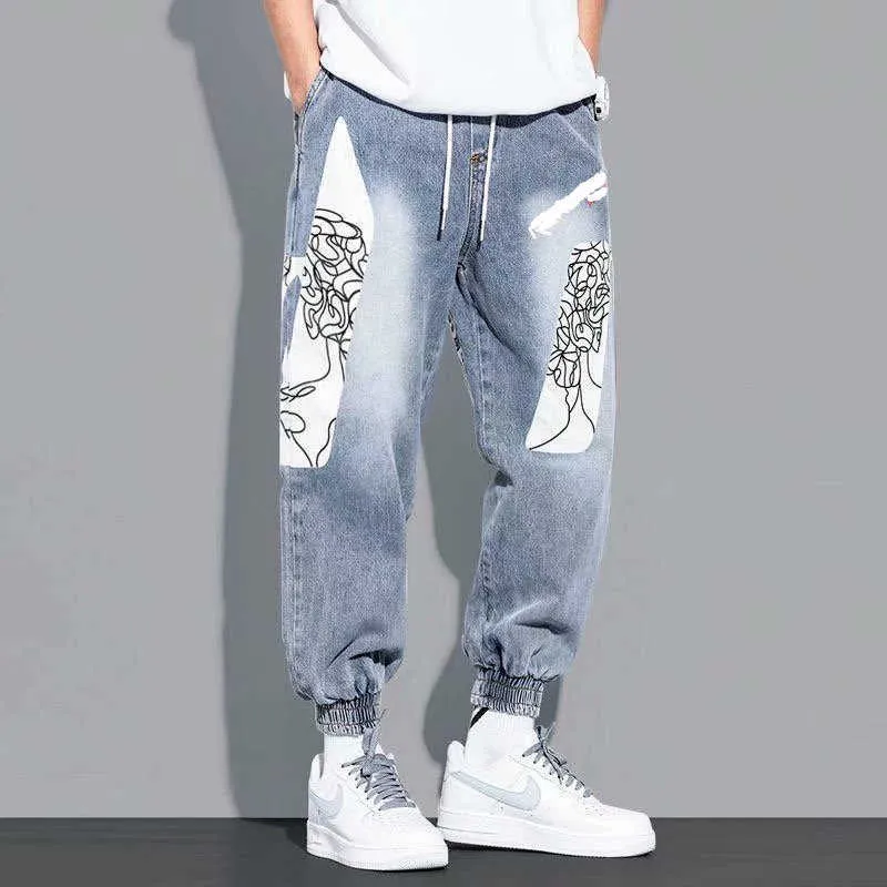 Economize muito em Calças De Carga De Anime Calça De Carga Azul De Jeans  Masculina Ajuste Solto, Tamanho Grande, Estilo De Harém, Calças Casuais