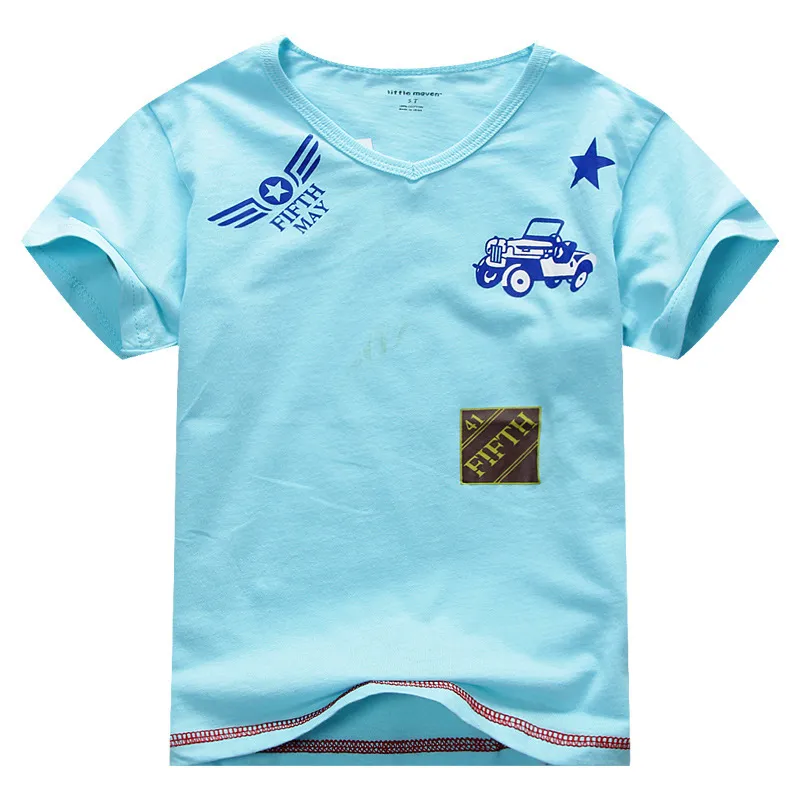 Sommarpojkar T-shirts Ljusblå Solid Bil Pojke T-shirts 100% Bomull Barn Toppar Outfits Jersey Tee Shirt 210413