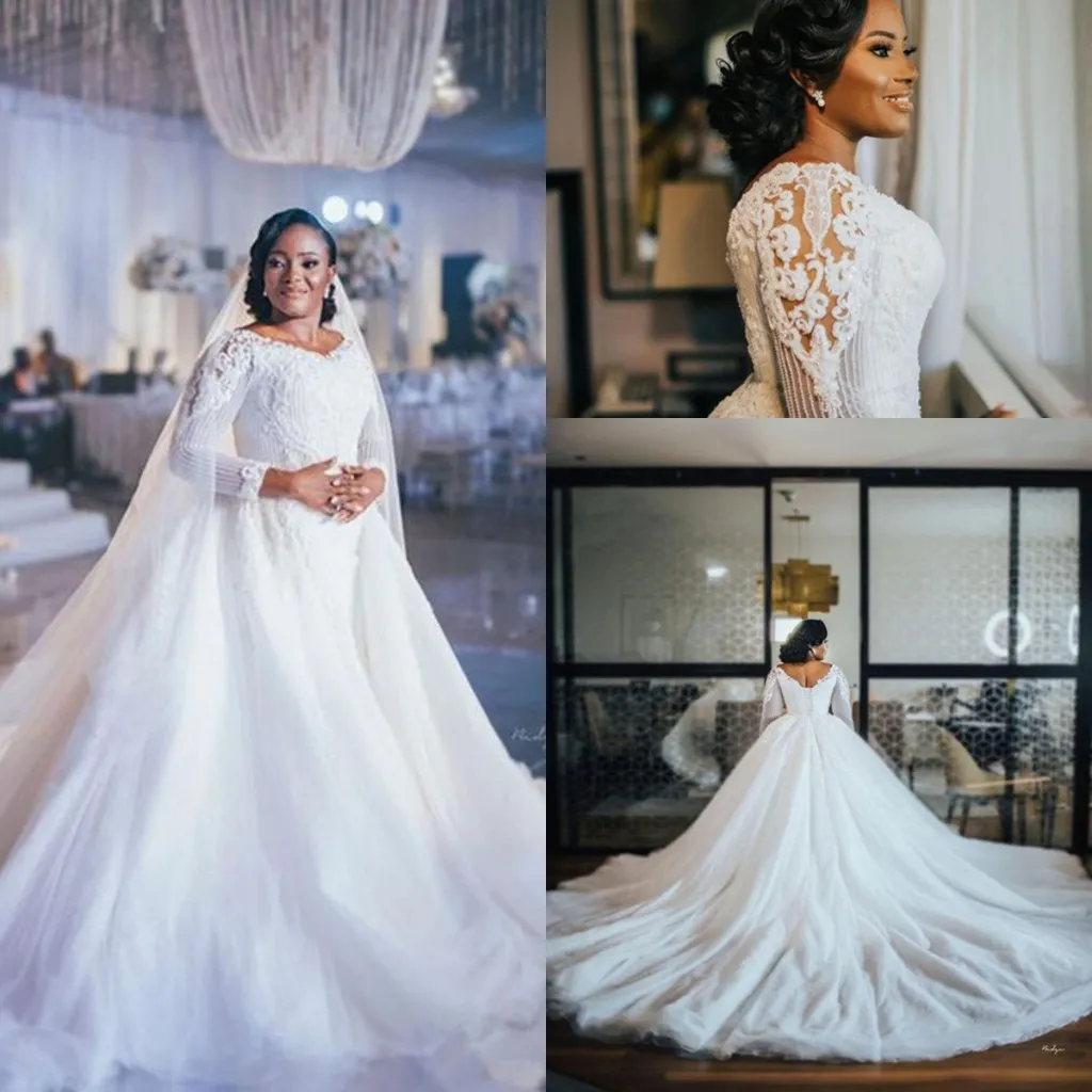 Long Sleeve Nara Aziza Wedding Dresses with Detachable Train Full Lace Floral Beaded Cathedral Train African Princess Bridal Gowns