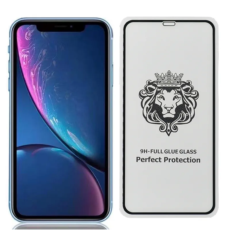 واقي الشاشة لـ iPhone 15 Pro Max 14 Plus 13 Mini 12 11 XS XR X 8 7 SE Lion Glass Glue Glue Curved 9H Film Guard Spossion Cover Premium Cover Shield