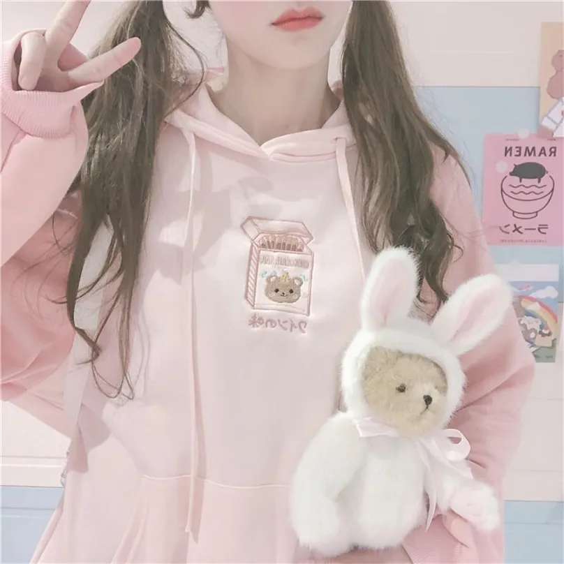 Deeptown kawaii kanin hoodie kvinnor koreanska stil sweatshirt vinter mode långärmad gulliga toppar mjuka tjejer plus sammet varm 210805