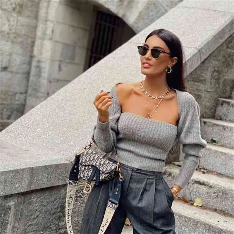 Women Knit Arm Warmers Long Sleeves Crop Sweater Casual Fashion Chic Sexy Knitted Tops 210805