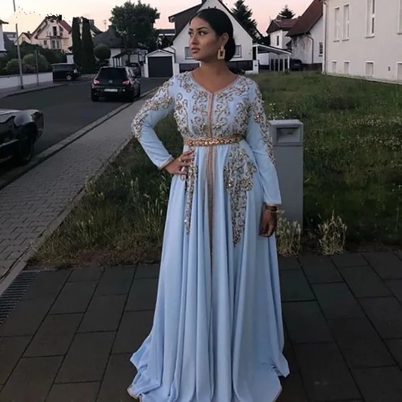 Sky Blue Moroccan Kaftan Caftan Muzułmański Suknie Wieczorowe A-Line Długie Rękawy Koronkowe Koraliki Dubaj Arabski Turcja Abaya Islamic Formalna okazja Suknia Suknia