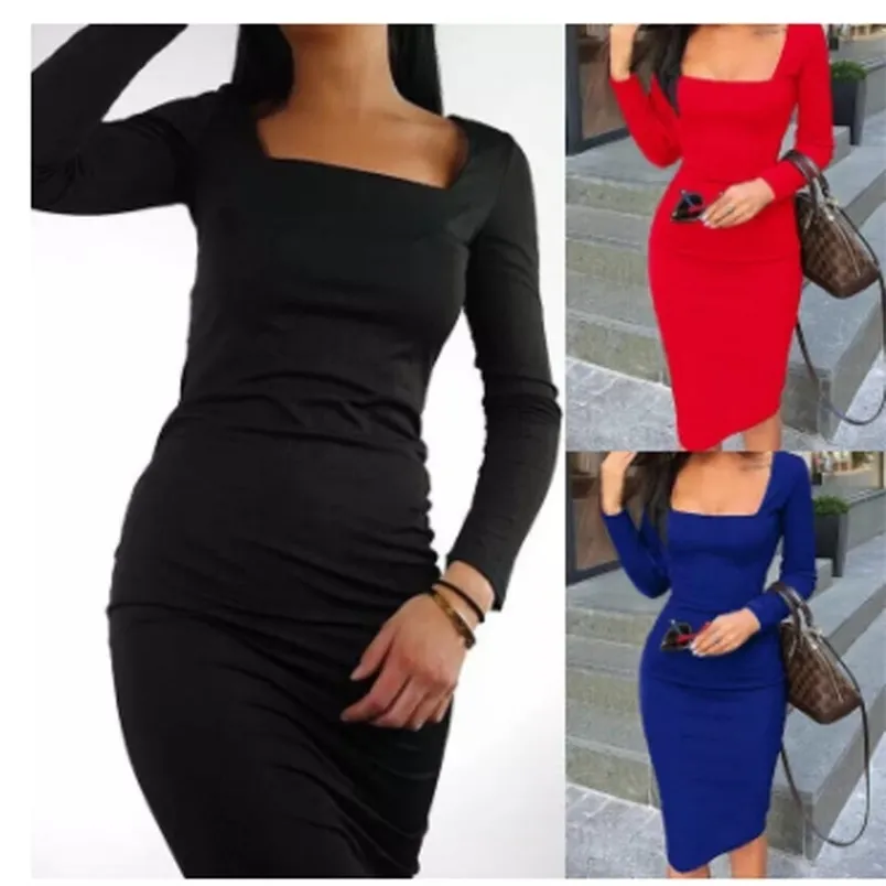 Kvinnor Penna Klänning Elegant Mode Sexig Ladies Cocktail Party Slim Clubwear Square Collar Långärmad Design Bodycon Kläder 210522