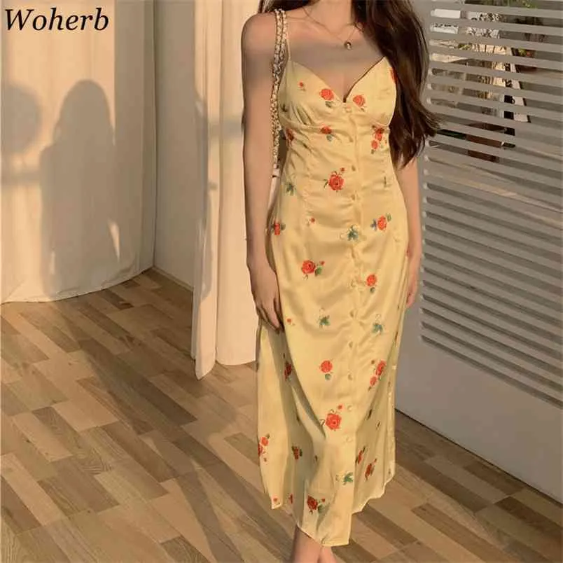 Spaghetti Strap Strand Stil Frau Kleider Floral V-ausschnitt Sexy Backless A-linie Vestidos de Mujer Koreanische Vintage Roben Femme 210519