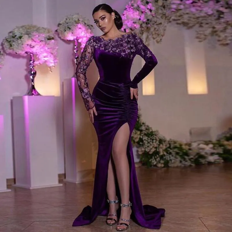 Encantador vestido de noite manga longa roxo veludo lateral sexy split sereia vestidos de baile para ocasiões formais costume feita robe de mariée