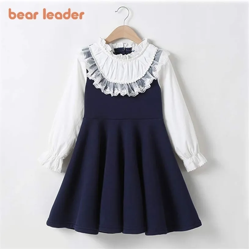 Bear Leader School Girls Clothing Dress Baby Casual Kids Patchwork Fall Kläder Barn Långärmad Blå Vit 211231