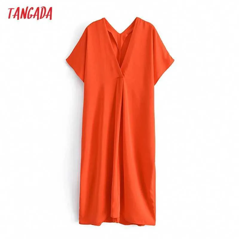 Tangada été femmes Orange surdimensionné Robe Robe col en V à manches courtes dames Robe mi-longue Vestidos 3W90 210609