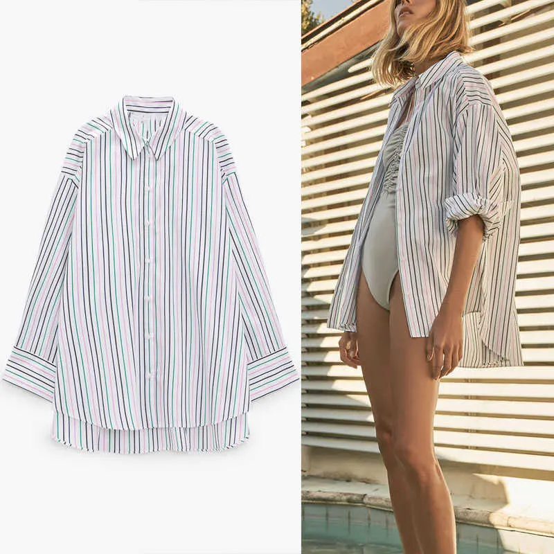 Kvinnor Oversized Striped Shirt Za Långärmad Asymmetriska Rymlig Spring T Shirts Kvinna Mode Side Vents Button Up Vintage Top 210602