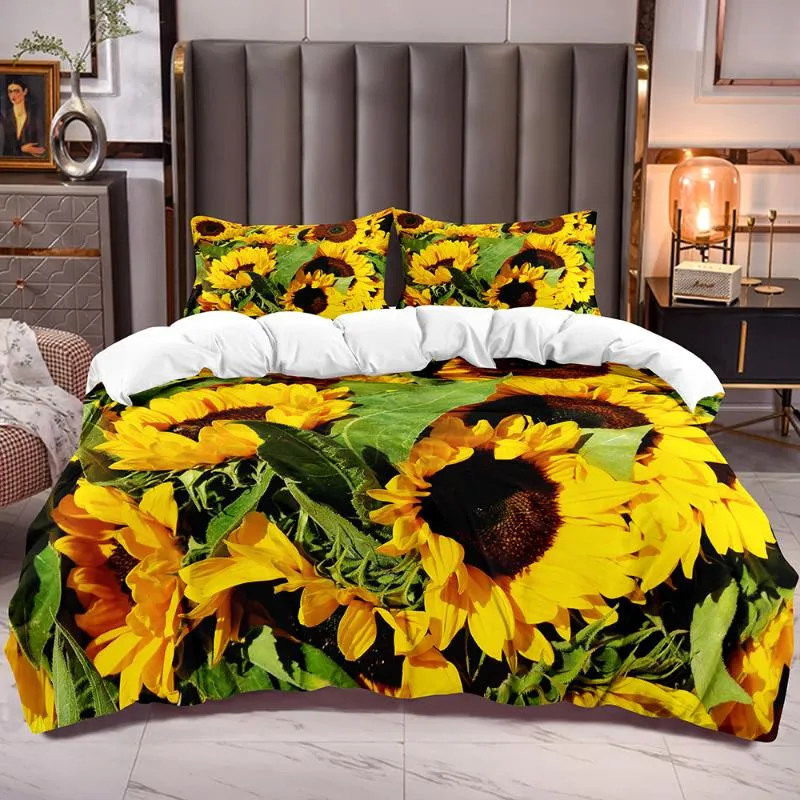 Set di biancheria da letto Sunflowers Cover piumino consolatore floreale con fiori a tema trapunta con cerniera