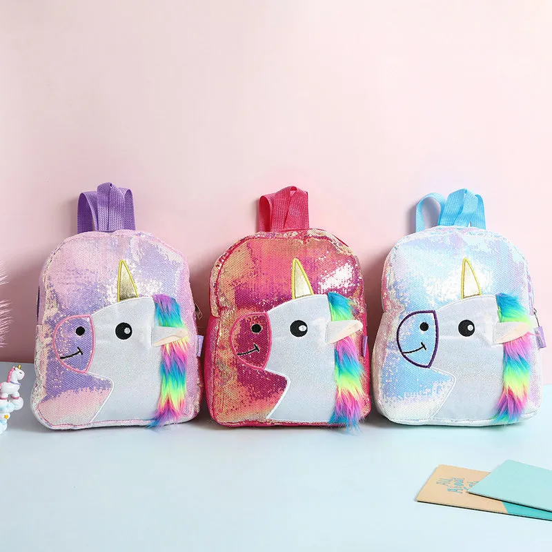 Unicorn Sequin Ryggsäck Barn Travel Leisure Schoolbag Kindergarten Cartoon Plush Shoulders Väska