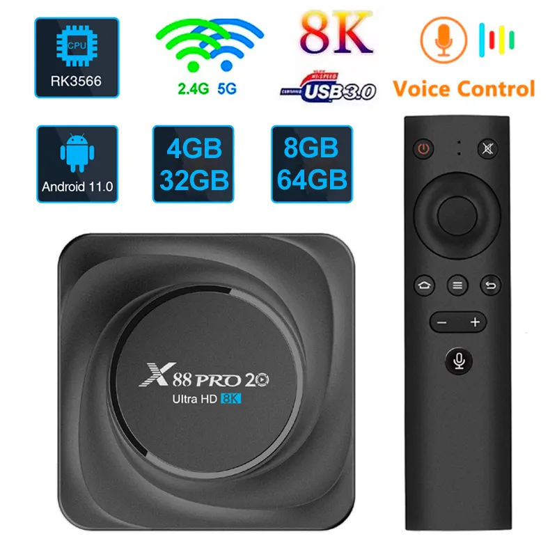 X88 PRO 20 RK3566 TV Box 8 Go 64 Go Télécommande vocale Android 11.0 Quad Core 8K HD 2.4G/5Ghz Wifi double bande Lecteur multimédia 3D 4 Go 32 Go Bluetooth 4.2 TVbox 4G32G
