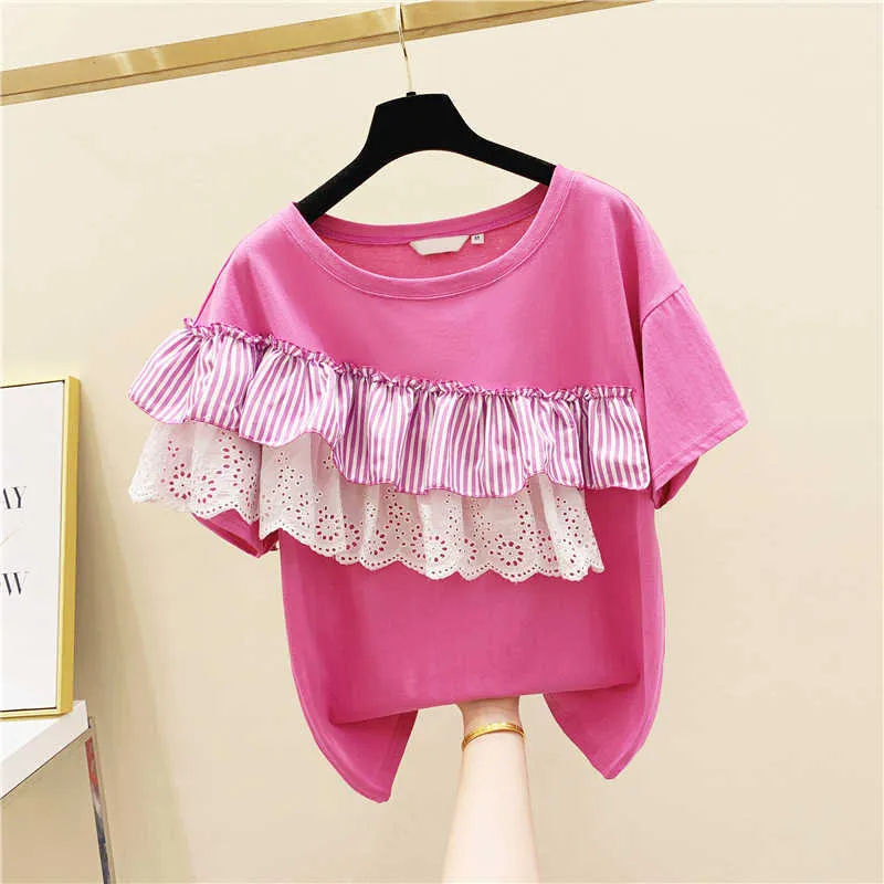 Lace Striped Splice T Shirts Women Cotton Short-Sleeved Fashion Ladies T-shirt Summer Korean-Style Tops Female 210615