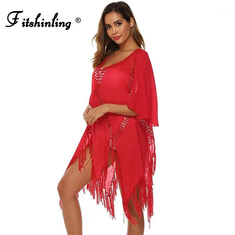 Fitshinling Irregular Fringe Boho Dress Swimwear Handmade Crochet Pareos Sexy Transparent Red Bikini Beach Cover Up Women's