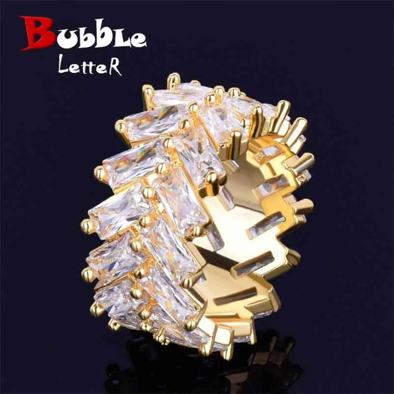 2 Rij Baguette Zirkoon Herenring Koper Charms Goud Kleur Iced Ring Mode Hip Hop Rock Sieraden 210701