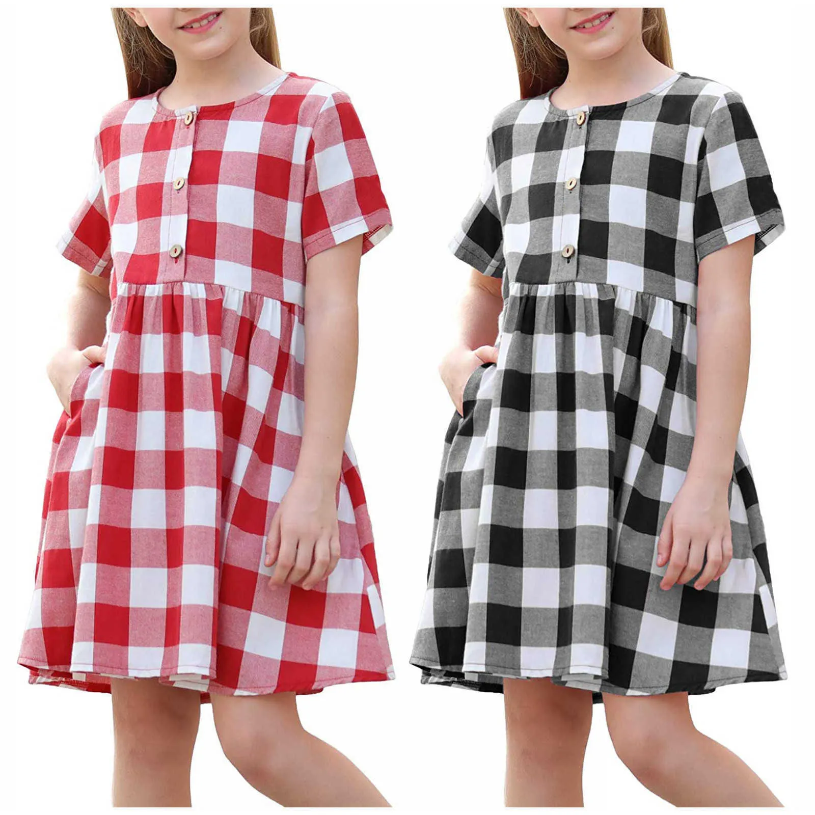 Teenage Girls Dresses Lattice Classical Casual Style Short Sleeve Grid Children Cotton Dress Children Clothes Vestido 6-13 Years Q0716