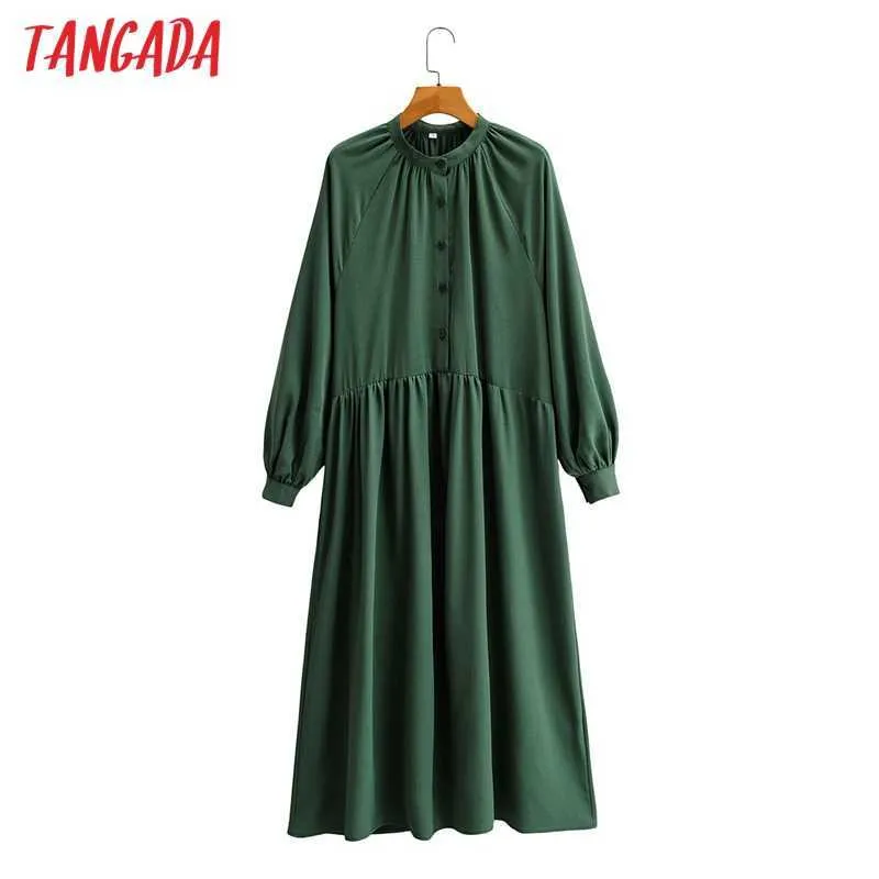 Tangada fashion women solid elegant dark green dress loose long sleeve buttons ladies midi dress SY131 210609