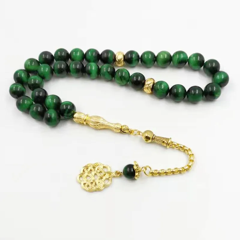 Natural Green tiger eye stone Tasbih Glod Metal tassels 2020 style Muslim Fashion Accessories Saudi bracelet Turkish jewelry