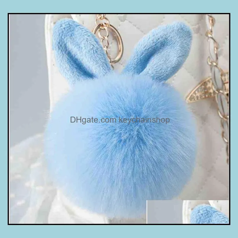 Cute fluffy fur ball keychains rabbit ear ball pendant for purse Phone bunny plush key chain Keyring ornaments hair ball keychain