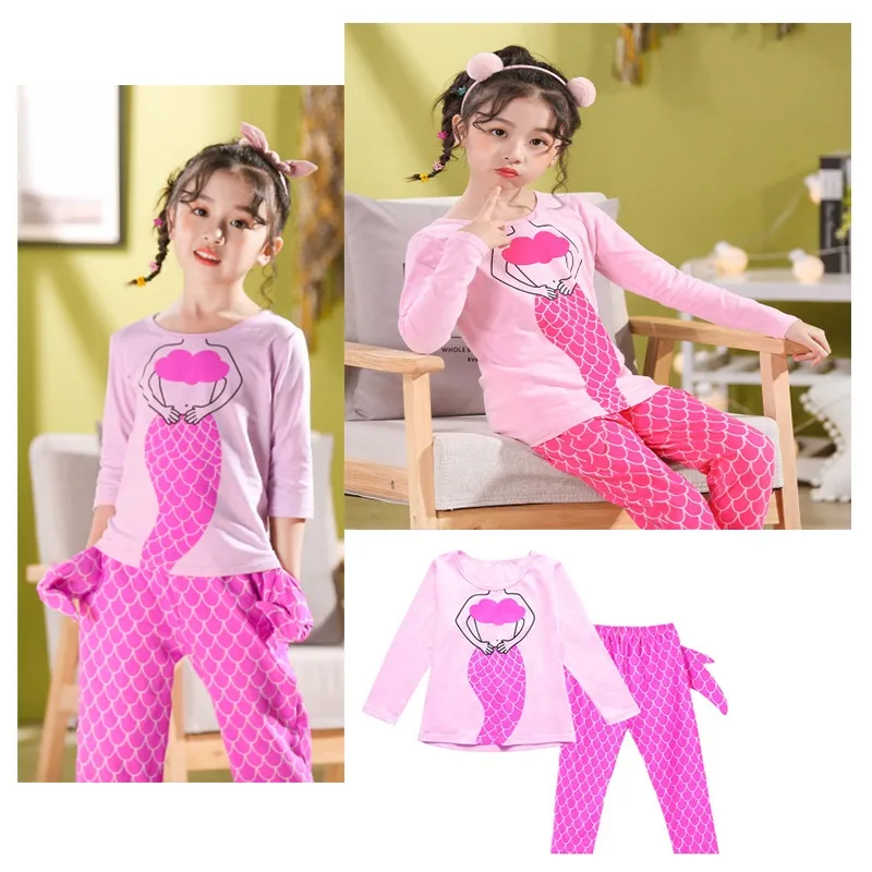 Baby Girl Cotton Pajamas Sets 2-10T Kids Cartoon Mermaid Designer Home Wear Cute Children Tops+ Pants=2PCS/Set