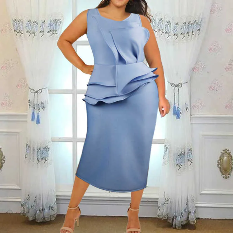 Damskie Bez Rękawów Skye Blue Summer Bodycon Sundress Z Pleat Ruffles MIDI Długość łydki Okrągłe szyja Eleganckie sukienki imprezowe szaty 210527