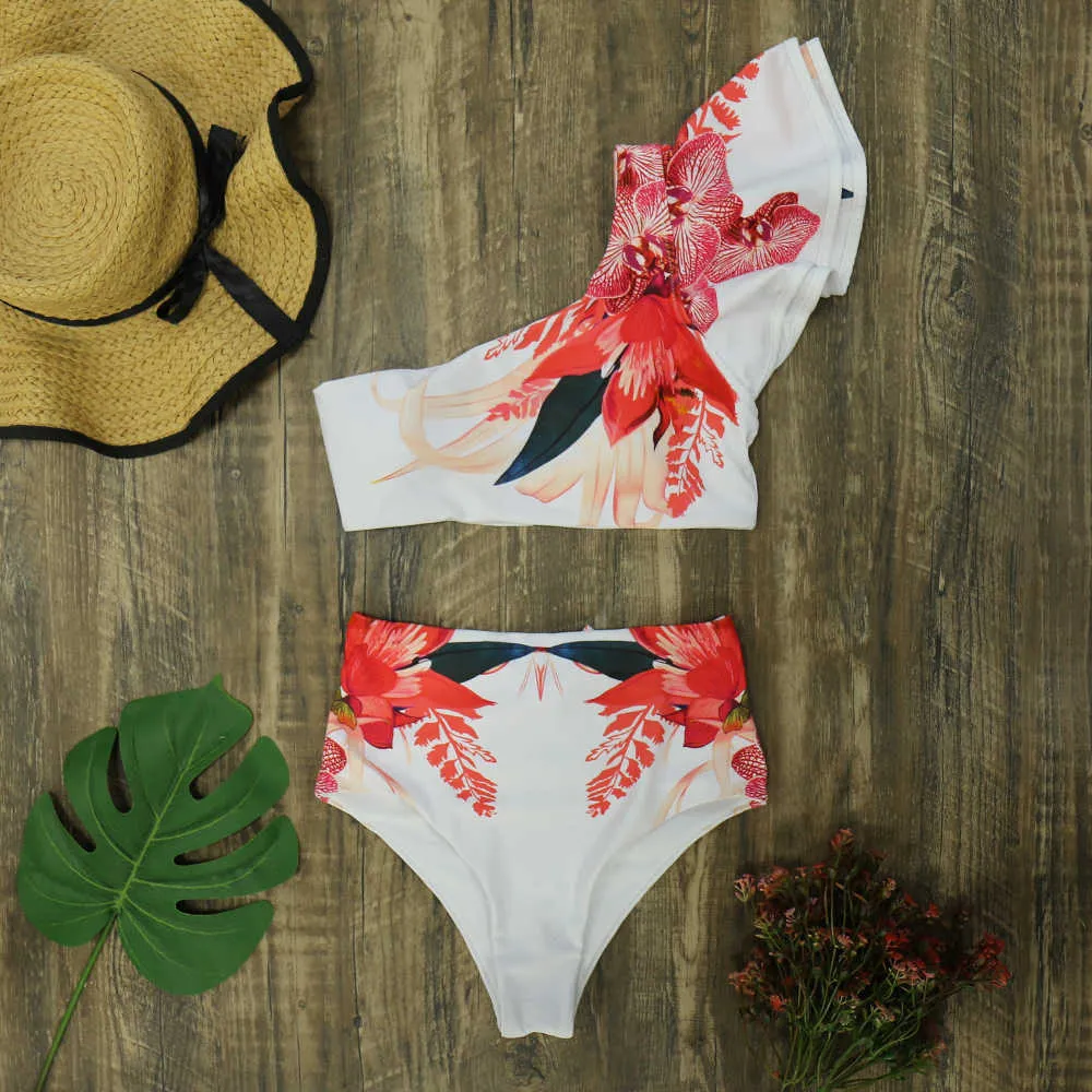 Floral Print High Waist Ruffle Bikini Sets Sainsburys One Shoulder
