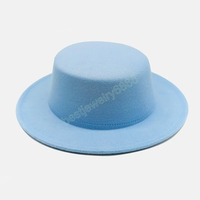 14 colori Flat Top Fedoras Cappelli per le donne Tinta unita Imitazione di lana Jazz Cap Britannico a tesa larga Cappellini da donna Cappelli a bombetta